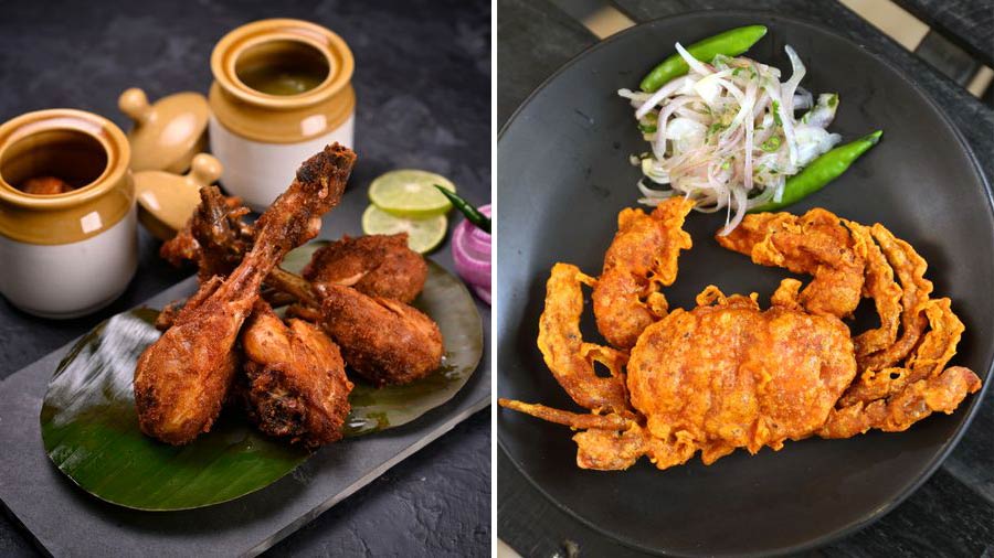 Chicken Drumsticks Kerala Style and Fried Soft Shelled Crab