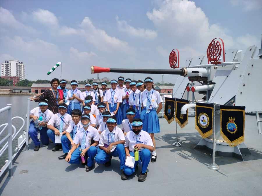 Schoolchildren pose during a visit to 'INS Savitri', a frontline warship anchored at Kidderpore dock. The excursion was part of the Azadi ka Amrit Mahotsav celebrations. Apeejay Schools uploaded this photograph on Wednesday, August 17. 