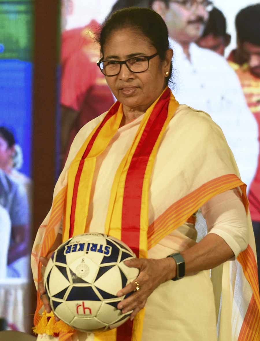 West Bengal chief minister Mamata Banerjee with a football at the inauguration of the Raja Suresh Chandra Chowdhury Memorial Archive at East Bengal Club in Kolkata, Wednesday, August 17. 