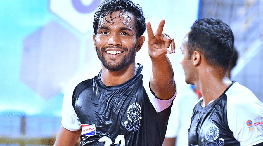 Mohammedan Sporting’s Faslu Rahman celebrates on Sunday.