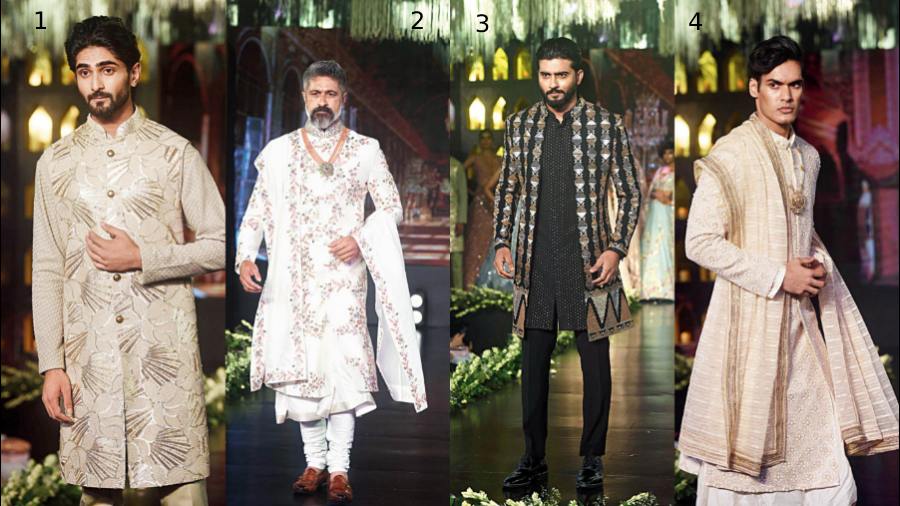 1. A long bundi paired with a delicate chikankari kurta in a contemporary layered style, designed with a smart cut. Perfect for the Mehndi function.  2. Hand-worked and patterned placement embroidered sherwani with intricate design detailing and a classy colour.  3. A heavily embellished open achkan paired with chikankari kurta and slim-fit trousers to take the glam quotient a notch higher on the sangeet day.  4. The groom’s look of the season in a trending ivory hand-embroidered sherwani with tone-on-tone detailing and matching stole and mala.