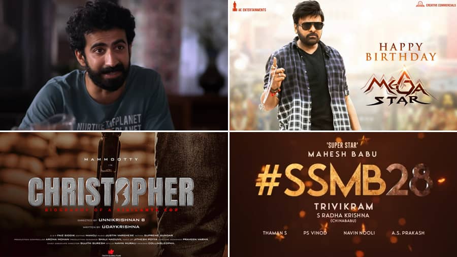 Stills from ‘Chathuram’, ‘Bhola Shankar’, ‘Christopher’ and ‘SSMB 28’ teasers and trailers. 