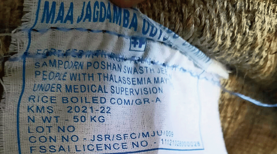 A label on a rice sack at a mill in Jharkhand’s East Singhbhum district notifies: “People with thalassemia may take under medical supervision.” 