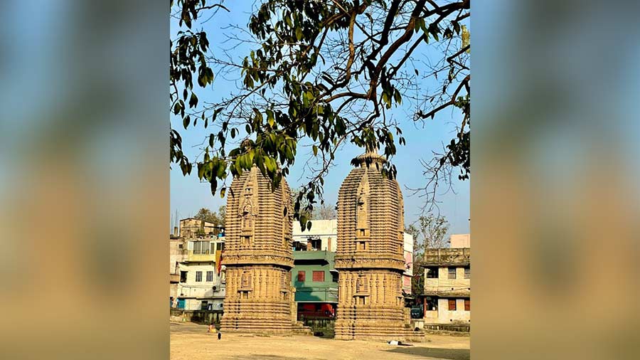 Two of the four stone temples in the rekha deul structure in Barakar