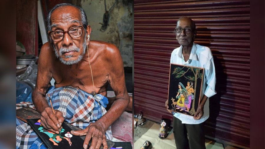 (Left) Sunil Pal at his north Kolkata home and (right) the photograph of the street artist at Golpark that was shared multiple times on social media during the lockdown