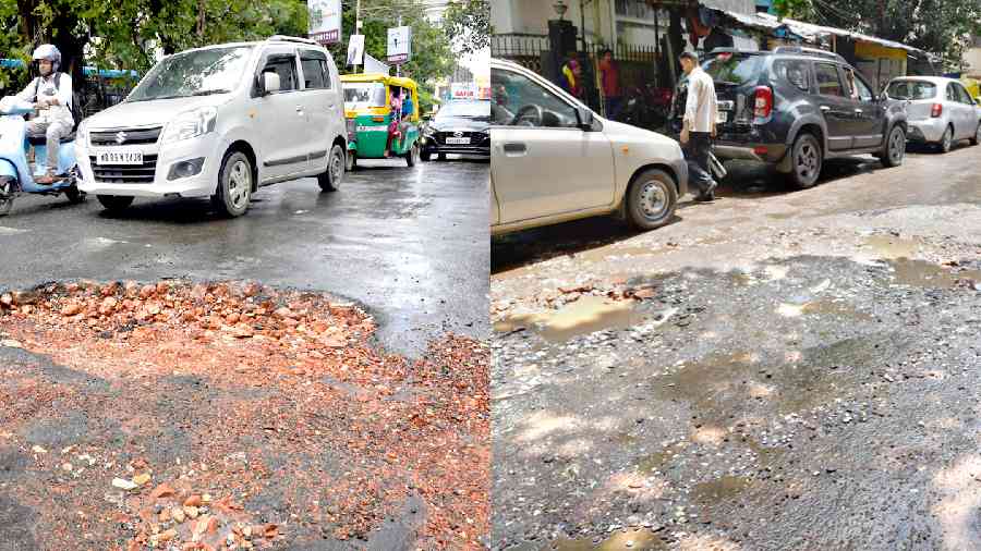 A pothole near Bijon Setu; (right) a damaged stretch of Broad Street on Tuesday