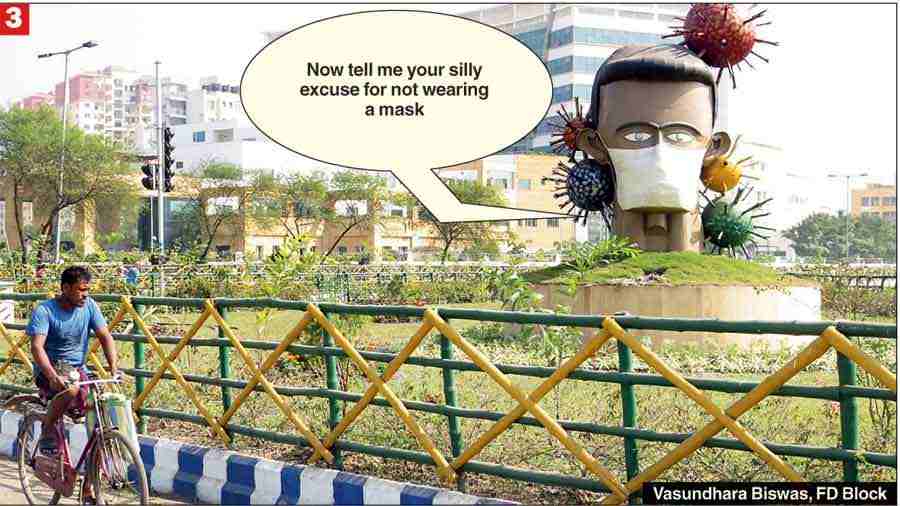 What is the statue telling the maskless cyclist?