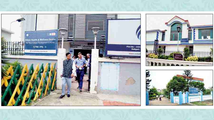 NKDA chairman Debashis Sen and chief executive officer Animesh Bhattacharya step out of the Fuji Soft Building after inauguration of an urban health and wellness centre. (Right) Two other centres near the Mela Ground and Tank no. 12