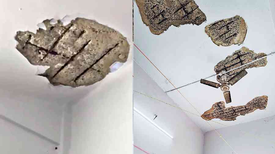 (Left) The portion of the ceiling from where concrete chunks came off at hostel number 11 and (right) the ceiling at the Wolfenden Hall of Residence from where concrete chunks came off on Thursday
