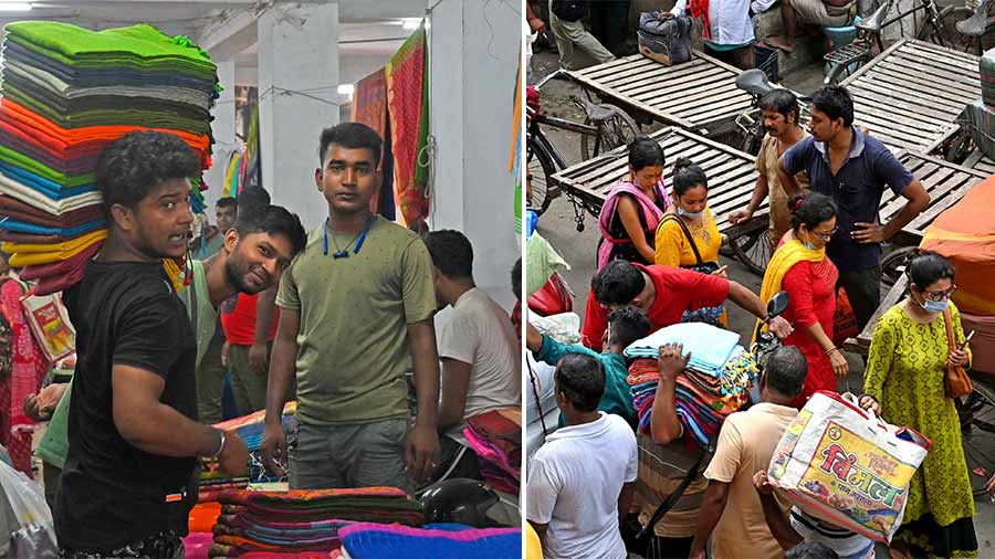 Customers can be seen buying piles of saris and transporting them to the station in vans. Though this is mainly a wholesale mart, customers can also buy one or two saris if they wish