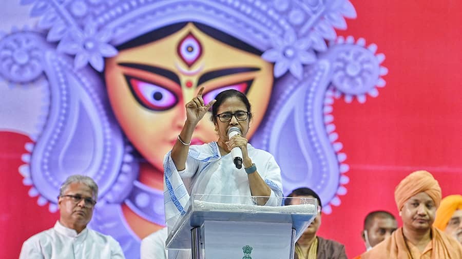 Chief minister Mamata Banerjee at an administrative meeting with puja organisers at Netaji Indoor Stadium on Monday, August 22. She announced that Durga Puja celebrations will begin on September 1 this year with a rally thanking Unesco for including the festival on its list of intangible cultural heritage. 