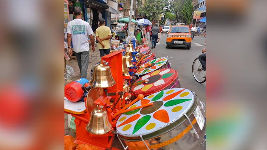 Temple-bell drums on sale at Tiretta Bazar on Tuesday, August 23, ahead of the festive season. These motorised drum bells run on electricity and generate the sound of temple bells and drums. 
