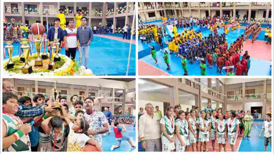 Clockwise from top left: (L-R) Reemo, Kuntal Bose and Ranjan Ghosh,  Teams in colourful display, Alipore Sports Club lifted the 3rd position trophy in Boys and Girls category, Girls Under 13 team, Alipore Sports Club