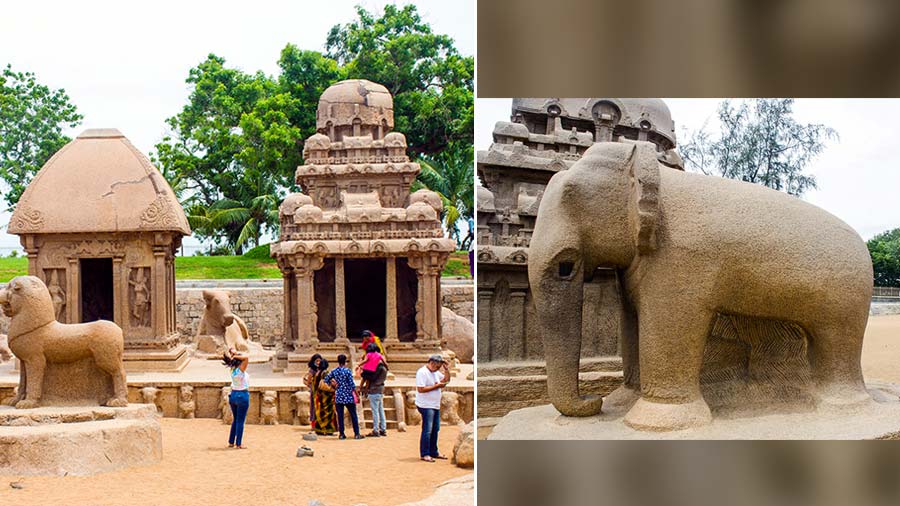 The lion and the bull statue (left) and the elephant sculpture (right)