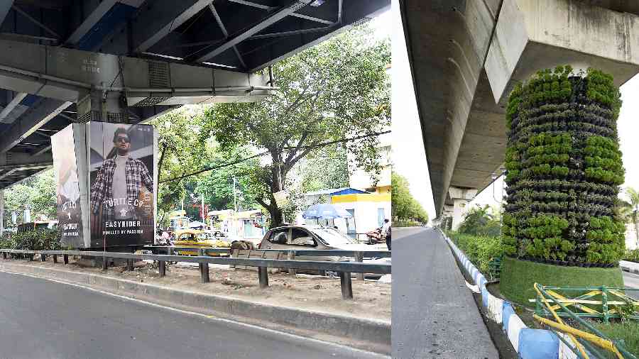 The underbelly of the AJC Bose Road flyover near Minto Park. The stretch under the flyover between Minto Park and near SSKM Hospital will have vertical gardens, similar to the ones under the Metro corridor (right) in New Town.