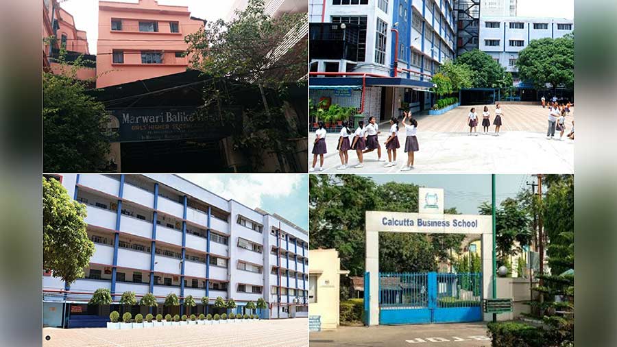 (Clockwise from top left) Marwari Balika Vidyalaya, Shri Shikshayatan School, Shri Shikshayatan College and Calcutta Business School