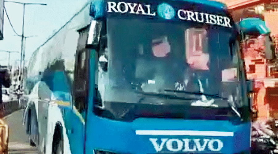 Jharkhand MLAs being ferried to Ranchi airport in a bus  on Tuesday.