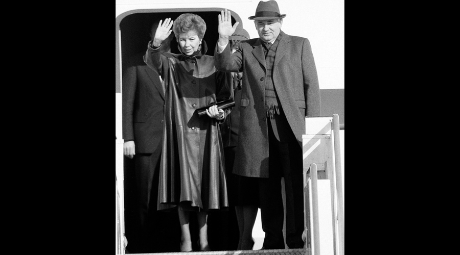  Soviet leader Mikhail Gorbachev and his wife, Raisa, wave as they board a plane to depart New York on Dec. 8, 1988. Gorbachev, whose rise to power in the Soviet Union set in motion a series of revolutionary changes that transformed the map of Europe and ended the Cold War that had threatened the world with nuclear annihilation, has died in Moscow. He was 91.