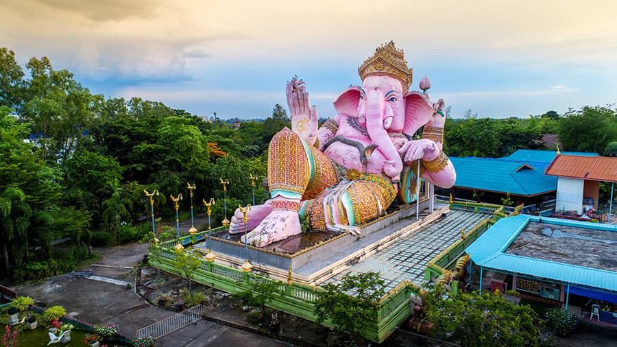 A giant pink Ganesh statue at Ganesha Park temple in Nakhon Nayok province, Thailand.