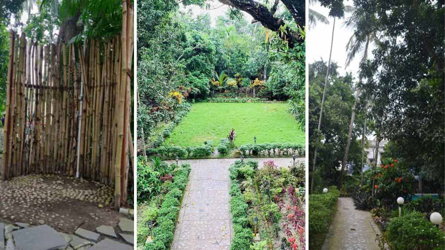 L-R: The outdoor shower by the pool, a view from the balcony/the outdoor seating area, and the shady walkway that leads to the house 