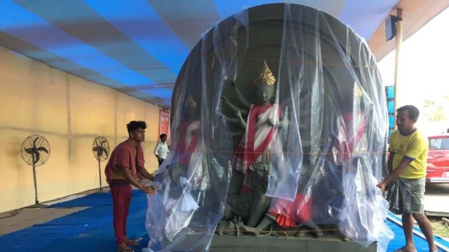 Preparations underway on Red Road for the Durga Puja rally on September 1. The procession will begin from Jorasanko on Thursday afternoon and terminate either at Red Road or Esplanade. More than 2,500 puja organisers from Kolkata and neighbouring districts are expected to attend.