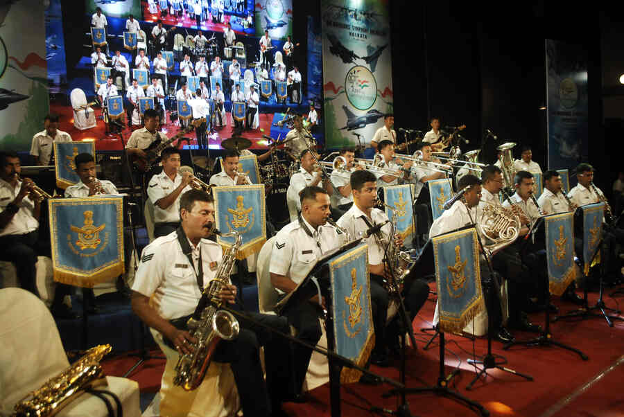 Musicians of the Air Warrior Symphony Orchestra of the Indian Air Force perform at Kala Mandir on Wednesday.