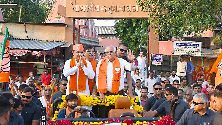Gujarat chief minister Bhupendra Patel during a roadshow in Ahmedabad on Wednesday. 
