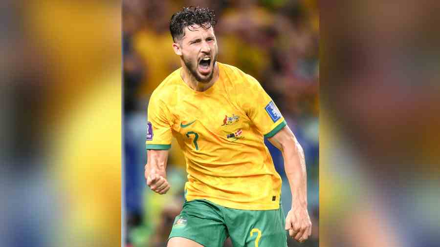 Australia’s Mathew Leckie celebrates after scoring in the World Cup Group D match against Denmark at the Al Janoub Stadium on Wednesday. (