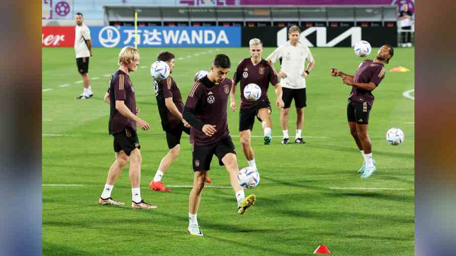 German players practice before their crunch game against Costa Rica