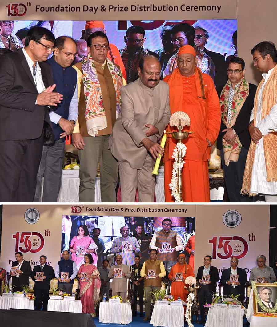 (Top) West Bengal's newly appointed governor, C.V. Ananda Bose, lights the ceremonial lamp accompanied by other dignitaries at the 150th Foundation Day celebrations of NRS Medical College at Academy Building. (Bottom) Dignitaries pose with the special souvenir launched by the governor on the occasion