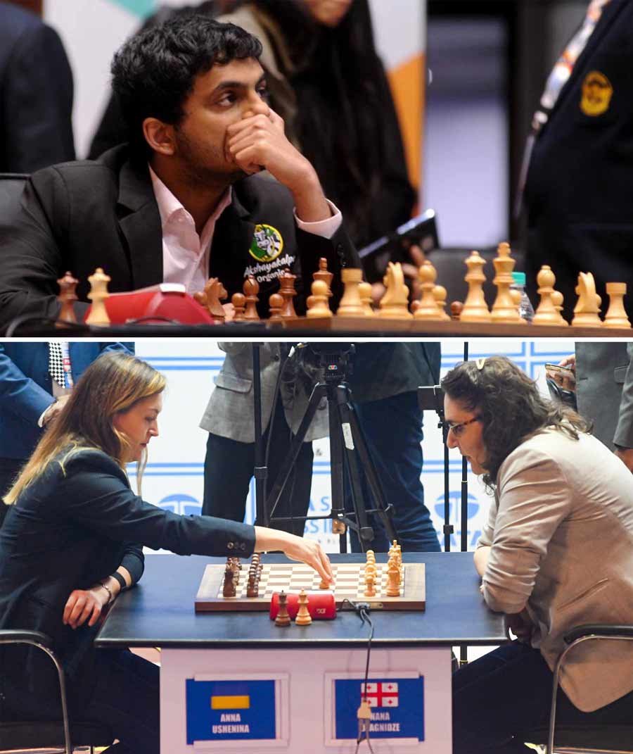 (Top) India’s Nihil Sarin at Tata Steel Chess India 2022 tournament in Kolkata. Sarin holds the lead position in the men's category as of now. He achieved the title of Grandmaster at age 14. He is also the fourth youngest player in history to cross the Elo rating mark of 2600, accomplishing this feat at the age of 14. (Bottom) Nana Dzagnidze (right) of Georgia plays against Anna Ushenina of Ukraine during the tie-breaker round of women's rapid category at the competition