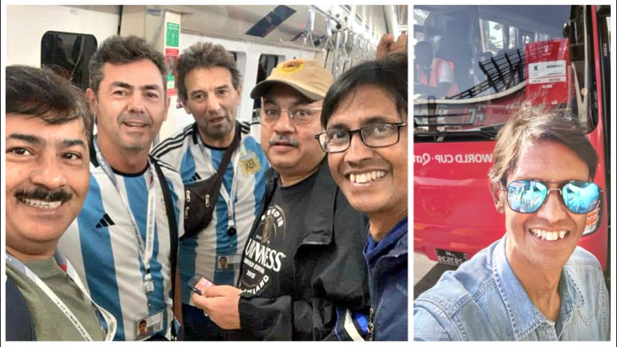 Soikat Sanyal (extreme right) on a metro train in Doha and (right) in front of one of the coaches that ferry spectators to stadiums