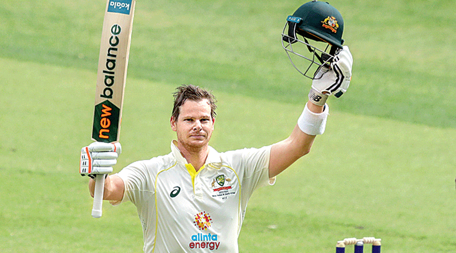 Australia’s Steve Smith celebrates his double century on the second day of the first Test against the West Indies in Perth on Thursday.