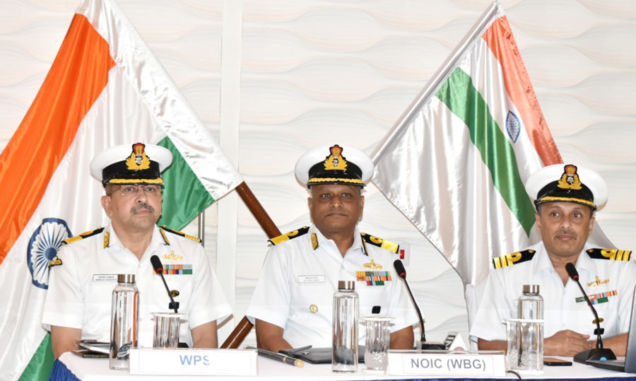 Commodore Rituraj Sahu, Naval Officer-in-Charge (West Bengal) flanked by Commodore Indrajit Dasgupta (L), Warship Production Superintendent (WPS) and Commander Sudipto Maitra, Public Relation Officer (PRO) interacts with the media at INS Netaji Subhas, ahead of the Navy Day in Kolkata on Friday