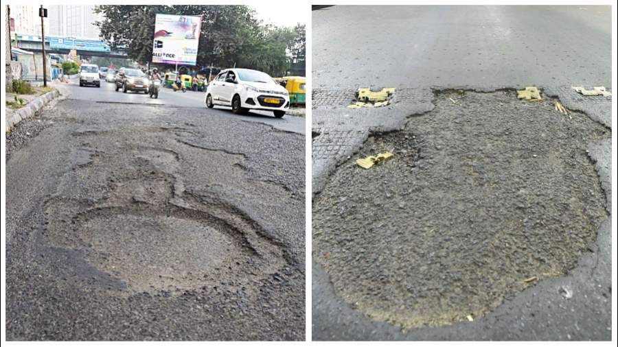 Cratered roads in front of the school service commission’s office in EE Block and (right) City Centre in Salt Lake on Thursday