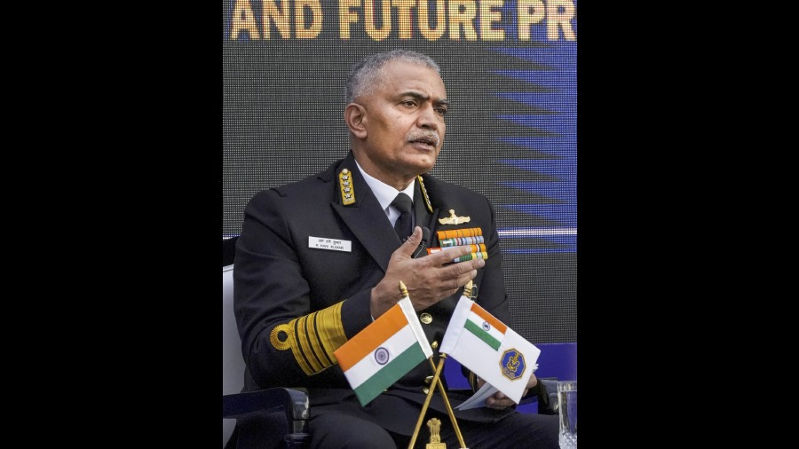 Chief of the Naval Staff Admiral R. Hari Kumar addresses a press conference, a day before Navy Day celebrations, in New Delhi, Saturday, December 3, 2022.