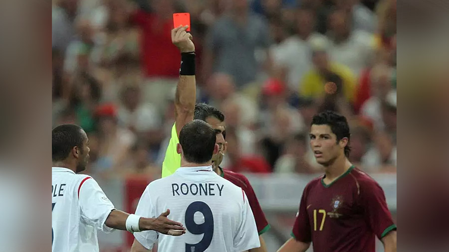 2006: Woe and wink: Cristiano Ronaldo put his Manchester United bonhomie with Wayne Rooney aside when he manipulated the referee into sending off Rooney during England’s battle of attrition against Portugal. Once the referee obliged, an impudent Ronaldo added insult to English injury by winking at his Portuguese teammates on the bench