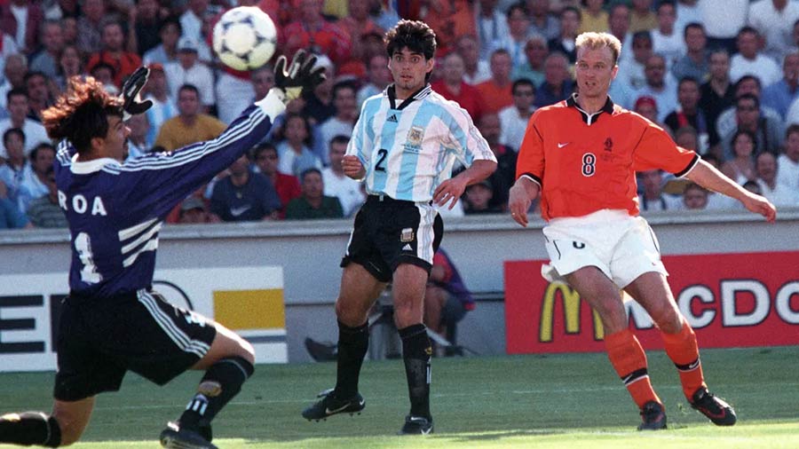 1998: The ‘Iceman’ freezes time: With a place in the semis on the line, the 10 men of the Netherlands and Argentina needed something special to break the deadlock in Marseille. Step forward, Dennis 'Iceman’ Bergkamp. Receiving a speculative long ball from Frank de Boer with the nimblest of first touches, Bergkamp flicked the ball past Roberto Ayala before rifling it into the net with a sumptuous finish with the outside of his right boot