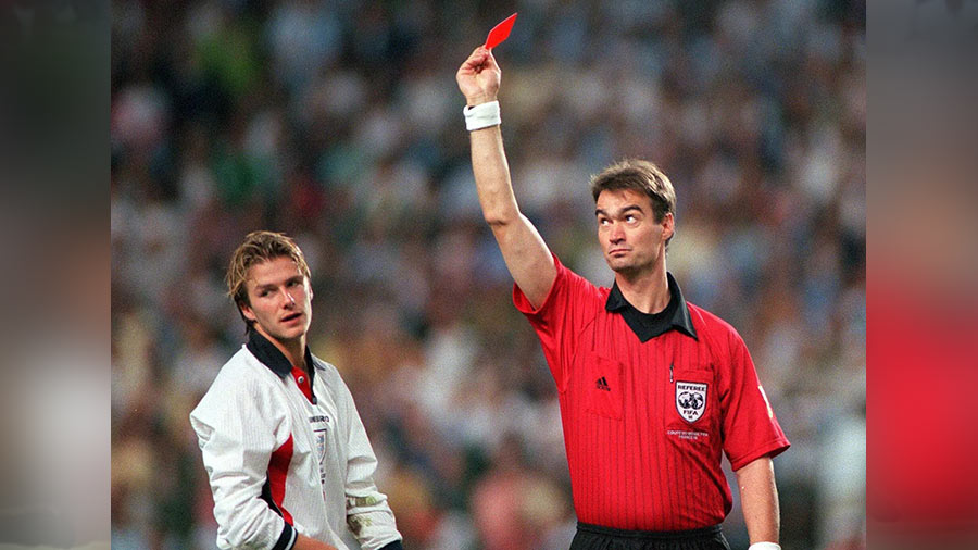 1998: Beckham sees red: In a rare moment of hot-headedness, David Beckham kicked out at the inherently provocative Diego Simeone amid the cauldron-esque setting of a pre-quarter-final. The only problem: the referee saw Becks lose his temper. Inevitably, a red card followed, which brought hours of tears for Beckham and years of resentment for his football-crazy compatriots back home