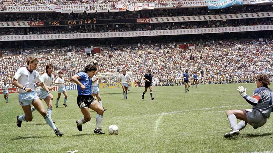 1986: Madness, magic, Maradona: This story has been told endless times before and it will be told endless times since. Between minutes 51 and 55 of the England-Argentina quarter-final at the Azteca stadium in Mexico, Diego Maradona produced the most infamous and the most sublime goals in World Cup history. First, an impish effort thanks to “a little with the head of Maradona and a little with the hand of God”. Second, a scintillating slalom that immortalised Maradona’s genius in the annals of the sport, leaving all around him mesmerised