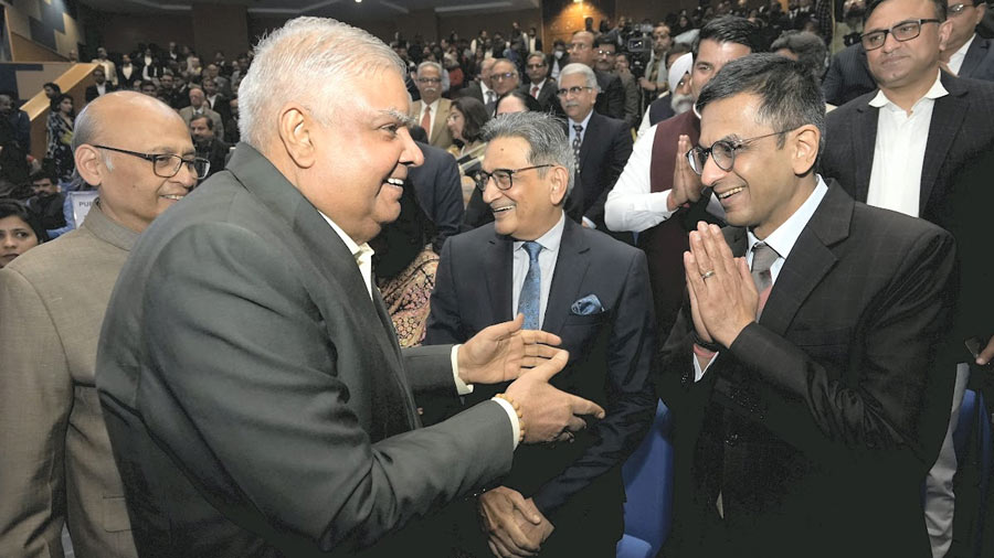 Vice President Jagdeep Dhankhar and Chief Justice of India Justice D.Y. Chandrachud at the 8th Dr. LM Singhvi Memorial Lecture on 'Universal Adult Franchise: Translating India's Political Transformation Into A Social Transformation', in New Delhi, Friday, Dec. 2, 2022. 