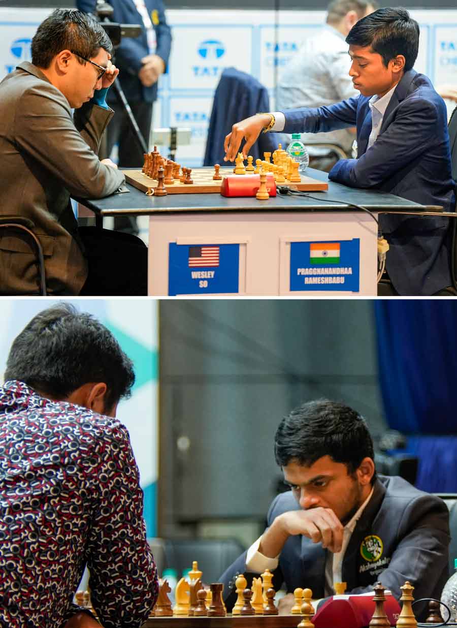 (Top) R. Praggnanandhaa (right in pic) of India makes a move against Wesley So of USA at the Blitz event at the Tata Steel Chess India 2022 tournament, in Kolkata on Saturday, Dec. 3, 2022.  (Bottom) Nihal Sarin (right in pic) of India plays against Hikaru Nakamura of USA at the tournament