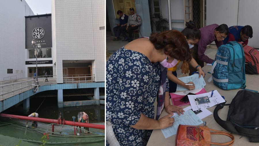 (Left) Workers carry out repair work at Nandan ahead of the 28th edition of Kolkata International Film Festival (KIFF) scheduled from December 15 to December 22, 2022. (Right) People fill up forms for delegate cards for the event at Nandan