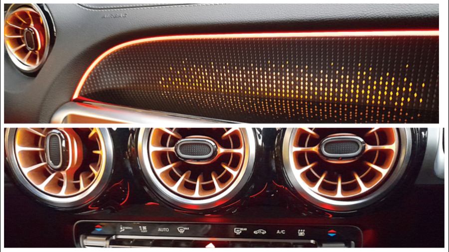 The backlit dash with changing coloured lights is unique to the EQB