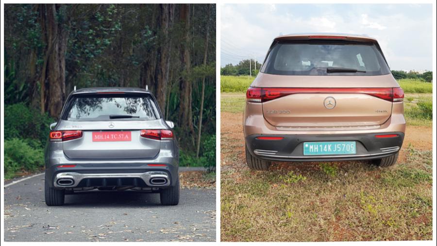 From the rear, the Mercedes-Benz GLB (right) and the EQB (far right) appear quite different. While the former has typical hydrocarbon highlights like prominent twin exhausts, the EQB sports a different hatch door and bumper