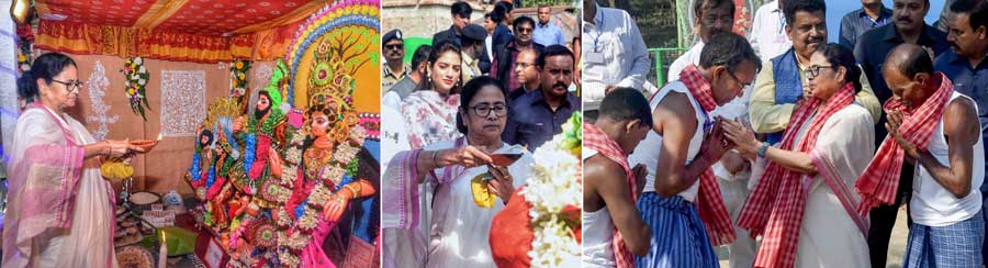 (From left) Chief minister Mamata Banerjee offers prayers at a Bonbibi temple in the Sunderbans on Tuesday, November 29. Actress and Lok Sabha MP Nussrat Jahan with the CM. Banerjee exchanges greetings with priests of Bonbibi temple