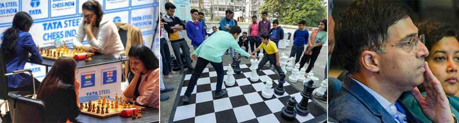 (From left) Chess players contemplate their next move at India’s Biggest Chess Tournament organised by Tata Steel at Bhasha Bhawan Auditorium, National Library, Kolkata, on November 29, Tuesday. Young chess players plan their moves on a huge chessboard outside the venue of the event. Indian chess legend Viswanathan Anand, who is now deputy president of world governing body FIDE, attended the tournament