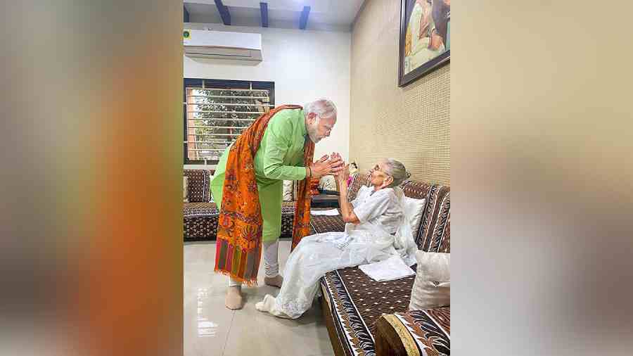 Modi meets his mother Hiraba in Gandhinagar on Sunday. 