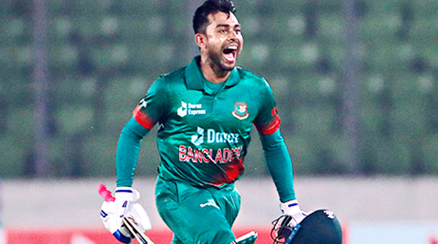 MoM Mehidy Hasan Miraz celebrates after Bangladesh’s victory in Dhaka on Sunday.