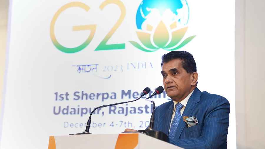 India's G-20 Sherpa Amitabh Kant speaks at the first G20 Sherpa meeting, in Udaipur